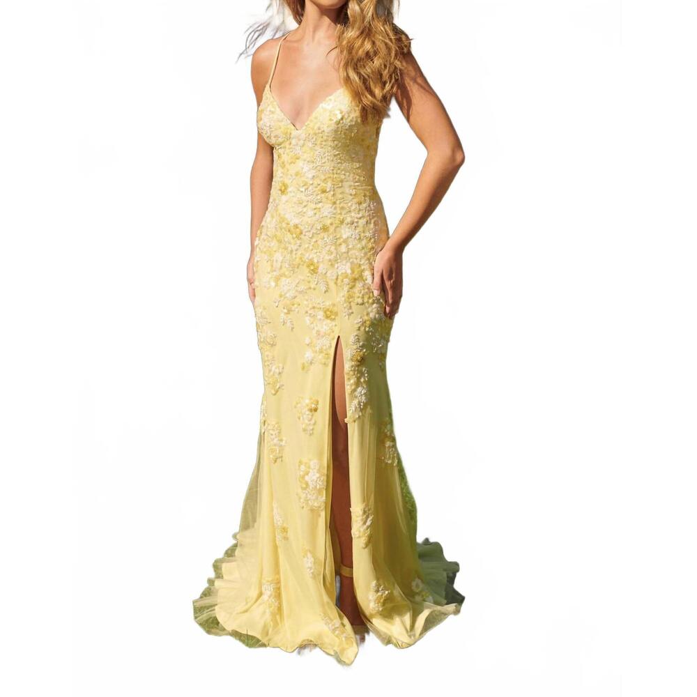NEW FAVIANA floral beaded appliqué v-neck maxi dress in light yellow